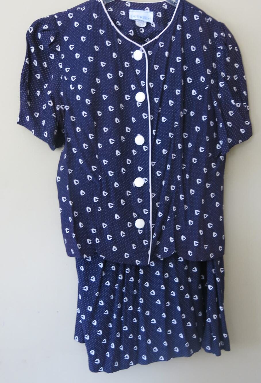 VINTAGE 1980 Skirt Top Set Size 14 Short Sleeve/Pleated Skirt Blue White Granny